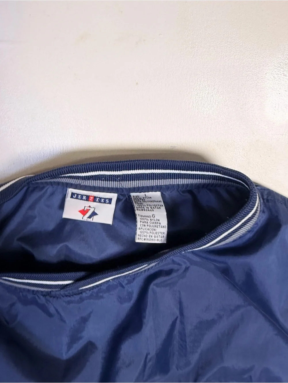 Jerzees Windbreaker Pullover Men Large Navy 90s Collegiate Striped Trim V-Neck